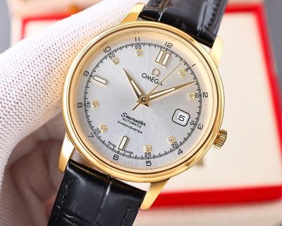 Omega Seamaster 8215 Movement 40mm 316L Steel Calfskin Strap Waterproof 100m Gold Bezel Watch